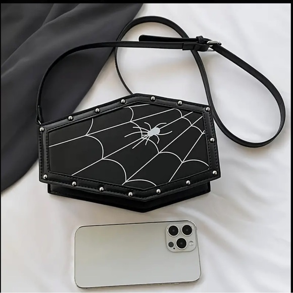 NWT Studded Adjustable Spider Web Print Crossbody Coffin Bag - Picture 2 of 5